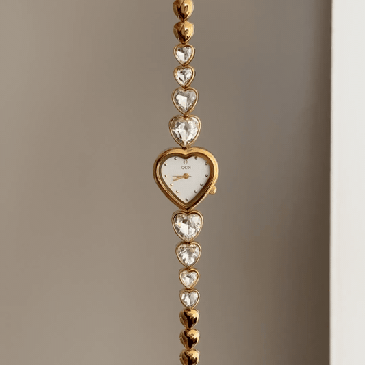Romantic Heart: White Heart-Shaped Dial Watch with Gold Heart Bezel & White Gemstone Heart-Link Alloy Bracelet