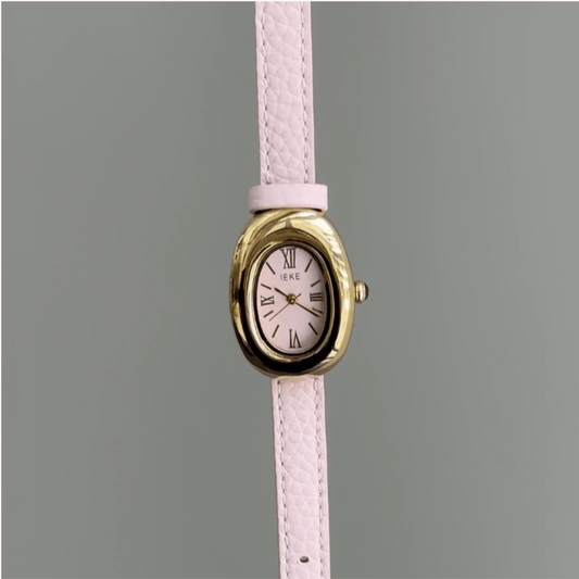 Romantic Feminine： Pink Oval Dial Watch – Gold Oval Case & Pink Leather Band Quartz