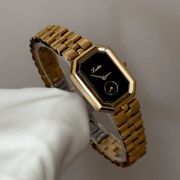 Gilded Geometric: Black Rectangular Dial Watch with Gold Bezel & Stainless Steel Bracelet
