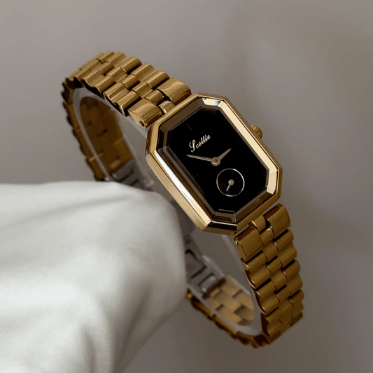 Gilded Geometric: Black Rectangular Dial Watch with Gold Bezel & Stainless Steel Bracelet