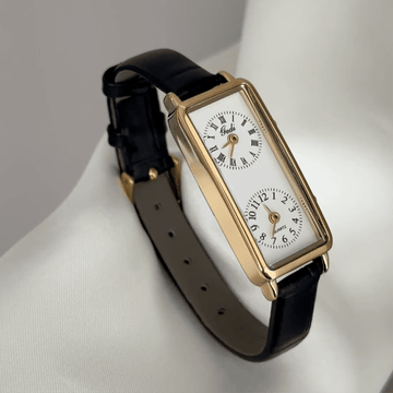 Business Commute: White Rectangular Dual Time Zone Dial Watch with Gold Bezel & Black Leather Strap