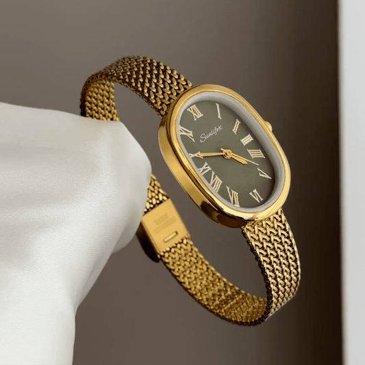 Natural Elegance: Green Oval Dial Watch with Gold Wheat Pattern Stainless Steel Bracelet