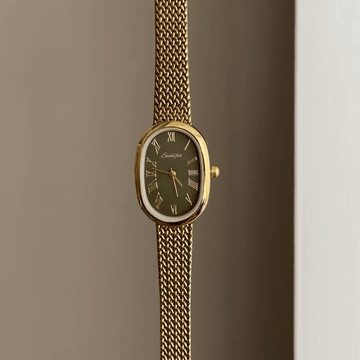 Natural Elegance: Green Oval Dial Watch with Gold Wheat Pattern Stainless Steel Bracelet