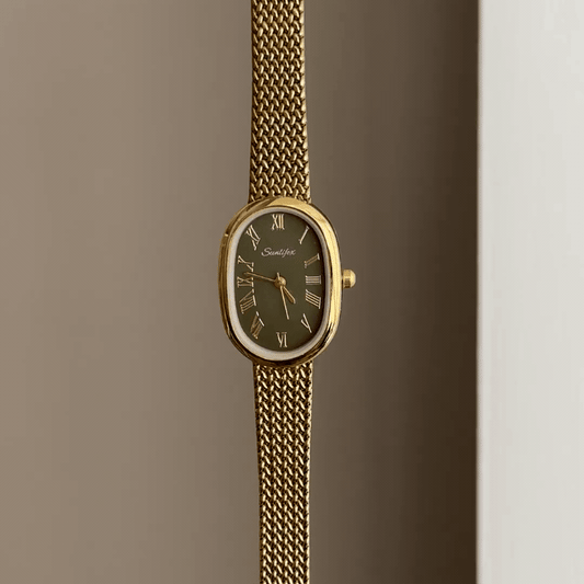 Natural Elegance: Green Oval Dial Watch with Gold Wheat Pattern Stainless Steel Bracelet