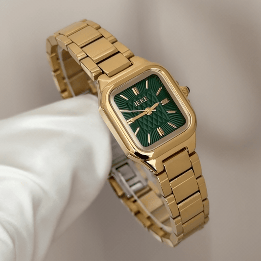 Vintage Luxe: Emerald Square Dial Watch with Gold Bezel & Stainless Steel Bracelet