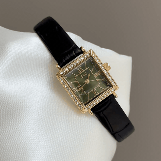 Vintage Luxe:Green Square Dial Watch – Gold Square Case & Black Leather Band Quartz