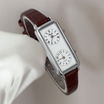 Business Casual: White Rectangular Dual Time Zone Dial Watch with Silver Bezel & Brown Leather Strap