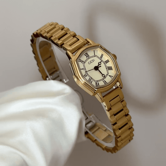 Luxe Glam: Gold Tonneau Dial Watch with Gold Stainless Steel Bracelet