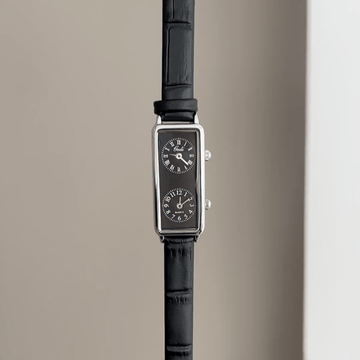 Business Utility: Black Rectangular Dual Time Zone Dial Watch with Silver Bezel & Black Leather Strap