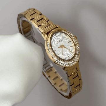 Versatile Elegant: White Oval Dial Watch with Gold Diamond Bezel & Gold Stainless Steel Bracelet
