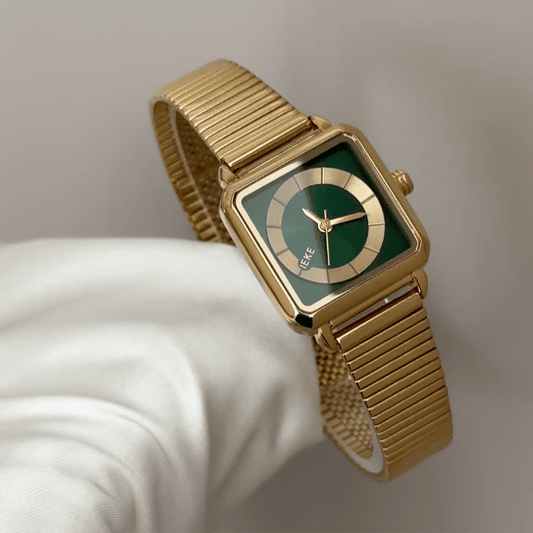 Versatile Luxury: Green Rectangular Dial Watch with Gold Bezel & Stainless Steel Bracelet