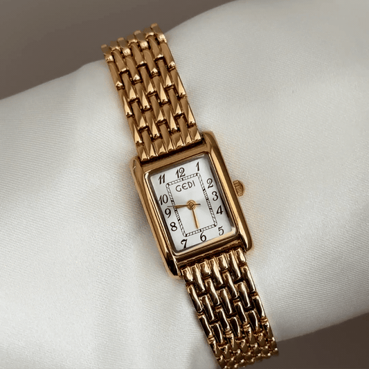 Modern Minimalist Elegant: White Rectangular Dial Watch with Gold Stainless Steel Bracelet