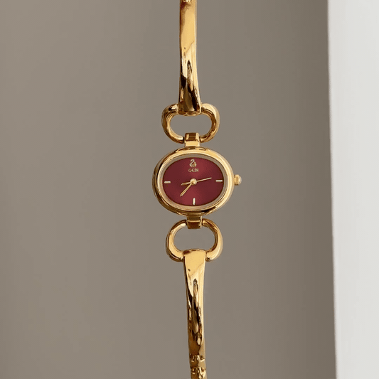 Passionate Retro: Red Oval Dial Watch with Gold Oval Bezel & Gold Alloy Bracelet