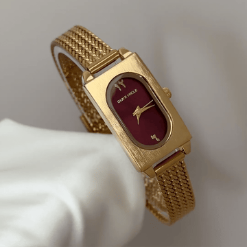 Everyday Grace: Red Oval Dial Watch with Gold Rectangular Bezel & Wheat Pattern Bracelet