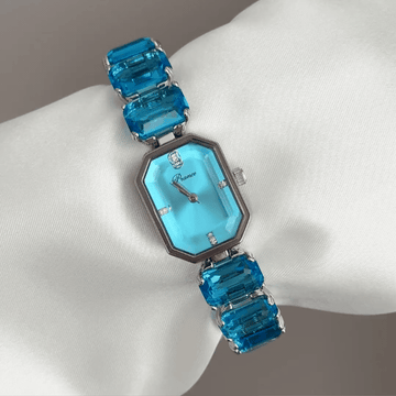 Blue Elegance: Blue Rectangular Dial Watch with Silver Rectangular Bezel & Blue Gemstone-Set Silver Chain Bracelet