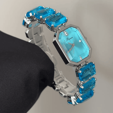 Blue Elegance: Blue Rectangular Dial Watch with Silver Rectangular Bezel & Blue Gemstone-Set Silver Chain Bracelet