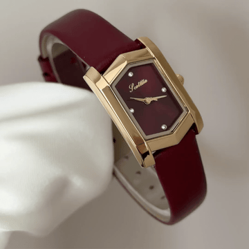 Vintage Luxe: Red Rhombus Dial Watch with Gold Rhombus Bezel & Red Genuine Leather Strap