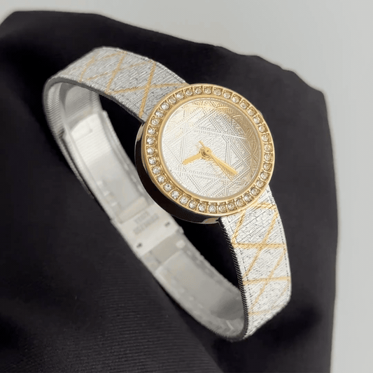 Diamond Contrast: Silver Round Dial Watch with Gold Diamond Bezel & Silver Stainless Steel Bracelet