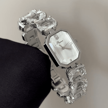 Silver Shine: White Rectangular Dial Watch with Silver Bezel & Silver Gemstone-Accented Chain Bracelet