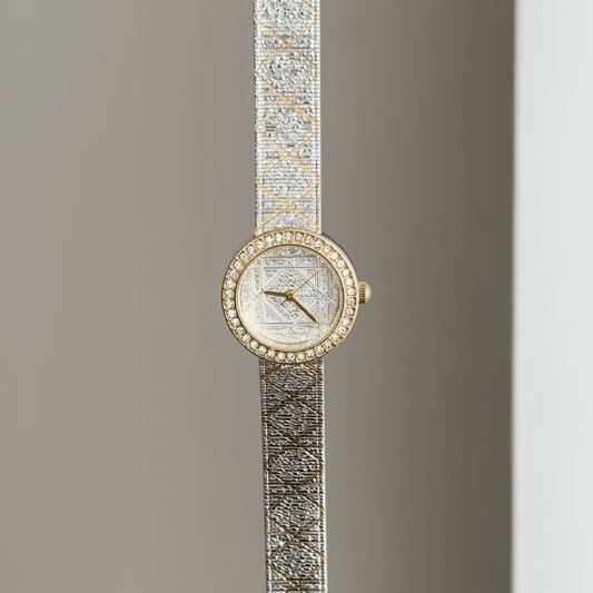 Diamond Contrast: Silver Round Dial Watch with Gold Diamond Bezel & Silver Stainless Steel Bracelet