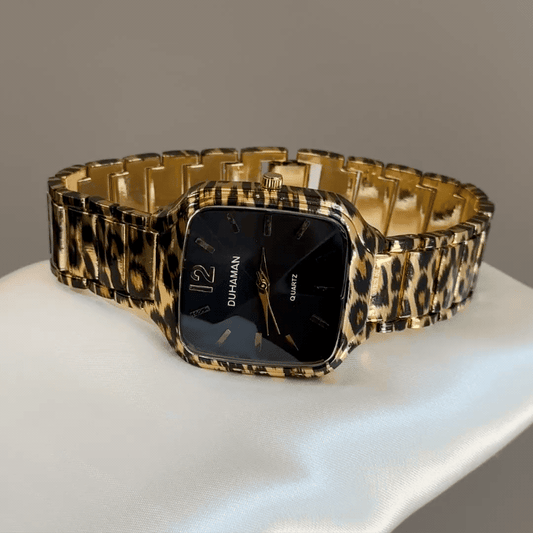 Statement Bold：Black Square Dial Watch – Leopard-Print Black Case & Leopard-Print Black Stainless Steel Band Quartz