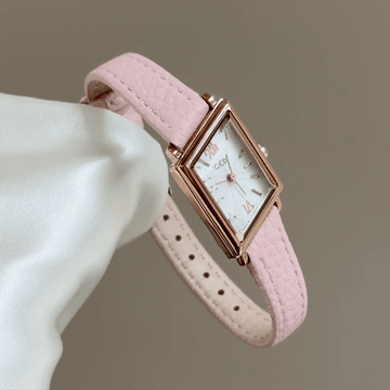 Soft Geometry：White Dial Watch with Gold Diamond-Shaped Bezel & Pink Leather Strap Quartz