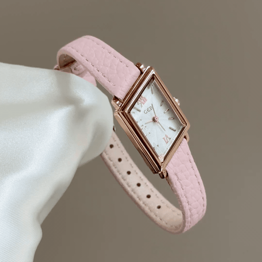 Soft Geometry：White Dial Watch with Gold Diamond-Shaped Bezel & Pink Leather Strap Quartz