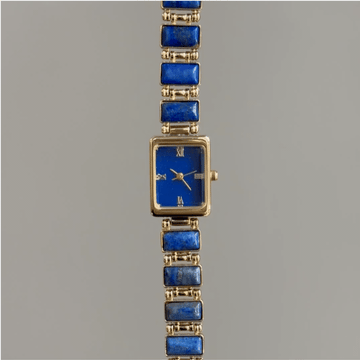 Gemstone Glam：Blue Square Dial Watch – Gold Square Case & Lapis Lazuli Accent Stainless Steel Band Quartz