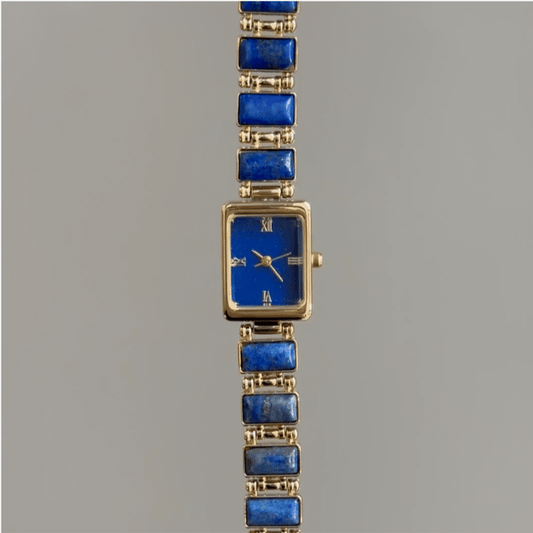 Gemstone Glam：Blue Square Dial Watch – Gold Square Case & Lapis Lazuli Accent Stainless Steel Band Quartz