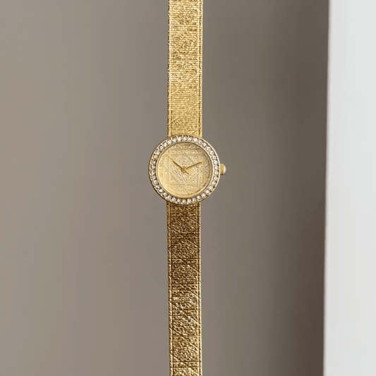 Radiant Luxe: Gold Round Dial Watch with Gold Diamond Bezel & Gold Stainless Steel Bracelet