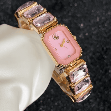 Gemstone Shine: Pink Rectangular Dial Watch with Gold Rectangular Bezel & Pink Gemstone Chain Bracelet