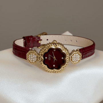 Floral Opulence：Red Camellia-Shaped Dial Watch with Gold Diamond-Set Bezel & Red Leather Strap