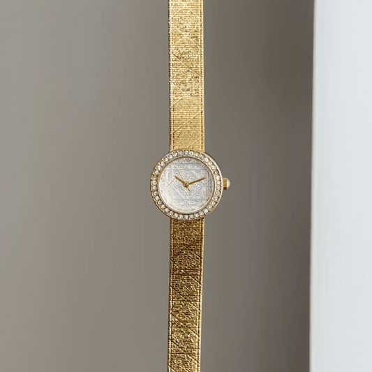 Elegance Chic: White Round Dial Watch with Gold Diamond Bezel & Gold Stainless Steel Bracelet