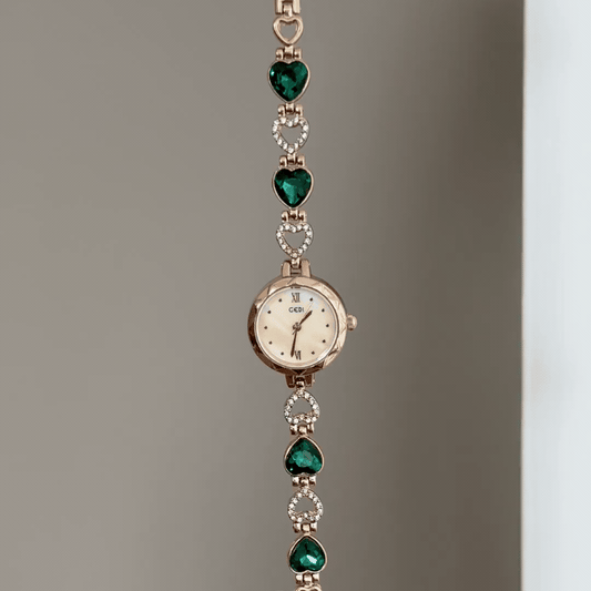Everyday Elegance: Rose Gold Round Dial Watch with Rose Gold Bezel & Green Gemstone-Accented Rose Gold Alloy Bracelet