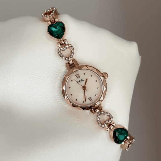 Everyday Elegance: Rose Gold Round Dial Watch with Rose Gold Bezel & Green Gemstone-Accented Rose Gold Alloy Bracelet