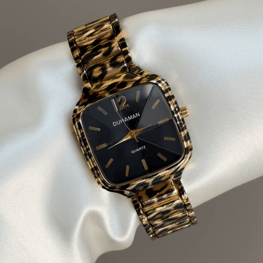 Statement Bold：Black Square Dial Watch – Leopard-Print Black Case & Leopard-Print Black Stainless Steel Band Quartz
