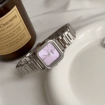 Daily Chic：Purple Square Dial Watch – Silver Square Case & Silver Stainless Steel Band Quartz