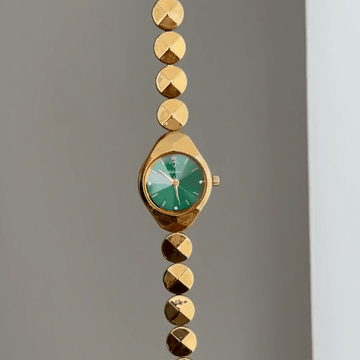 Warm Oval: Green Oval Dial Watch with Gold Bezel & Gold Stainless Steel Bracelet