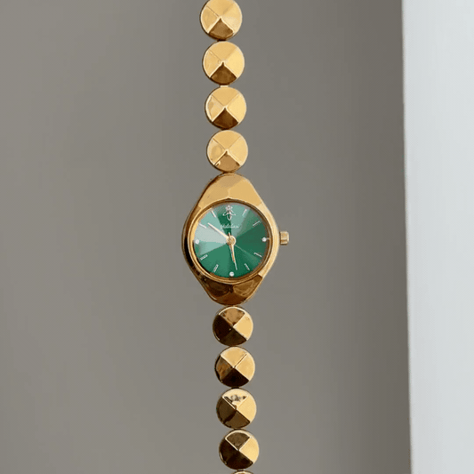 Warm Oval: Green Oval Dial Watch with Gold Bezel & Gold Stainless Steel Bracelet
