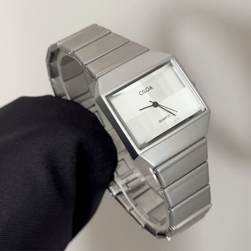 Modern Minimalist: White Rectangular Dial Watch with Silver Bezel & Silver Stainless Steel Bracelet