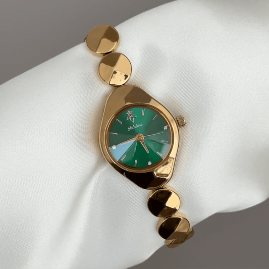 Warm Oval: Green Oval Dial Watch with Gold Bezel & Gold Stainless Steel Bracelet