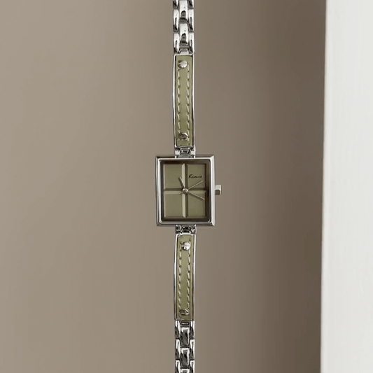 Green Minimal: Green Rectangular Dial Watch with Silver Bezel & Silver Stainless Steel Bracelet