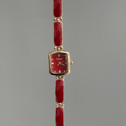 Vibrant Statement：Red Rectangular Dial Watch – Gold Rectangular Bezel & Red Alloy Bracelet