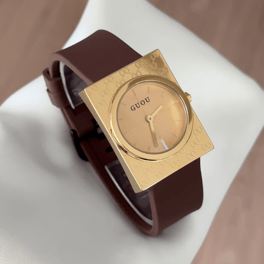 Sporty Silicone: Gold Round Dial Watch with Gold Rectangular Bezel & Brown Silicone Strap