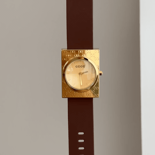 Sporty Silicone: Gold Round Dial Watch with Gold Rectangular Bezel & Brown Silicone Strap