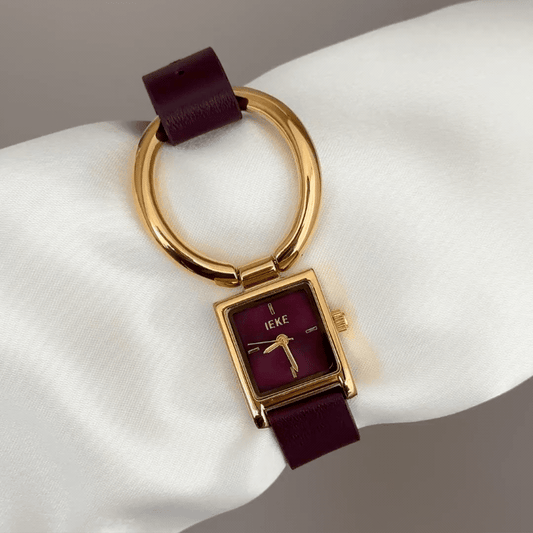 Geometric Modern: Red Rectangular Dial, Gold Rectangular Bezel, Red Leather Strap & Large Magnetic Circle Buckle