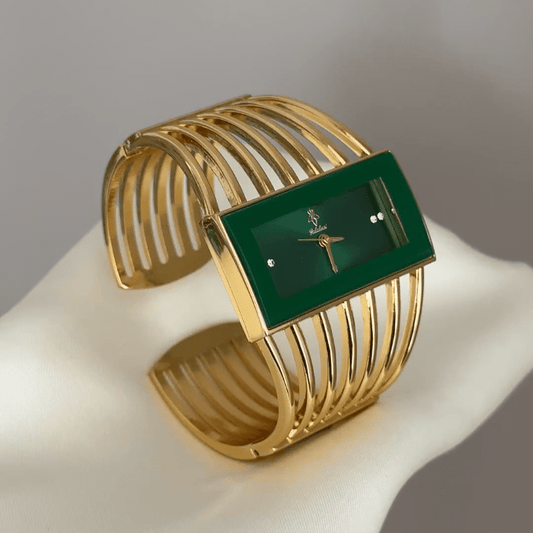 Gilded Cuff: Green Elongated Rectangular Dial Watch with Gold Rectangular Bezel & Gold Stainless Steel Cuff Bracelet