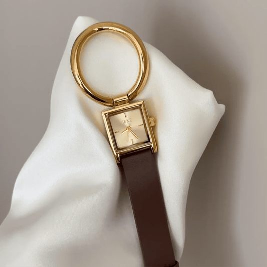 Gold-Brown Warmth: A Warm Gold & Brown Statement – Rectangular Dial, Gold Bezel & Magnetic Buckle Leather Strap