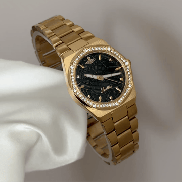 Modern Classic: Black Round Dial Watch with Gold Bezel & Gold Stainless Steel Bracelet