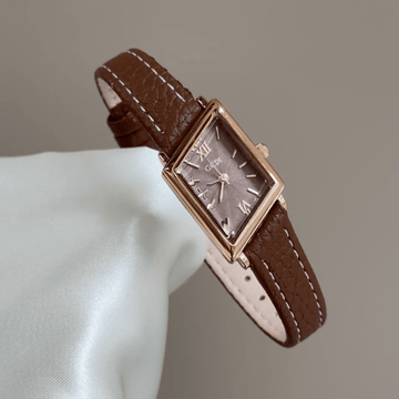 Warm Geometry：Brown Dial Watch with Gold Diamond-Shaped Bezel & Brown Leather Strap Quartz
